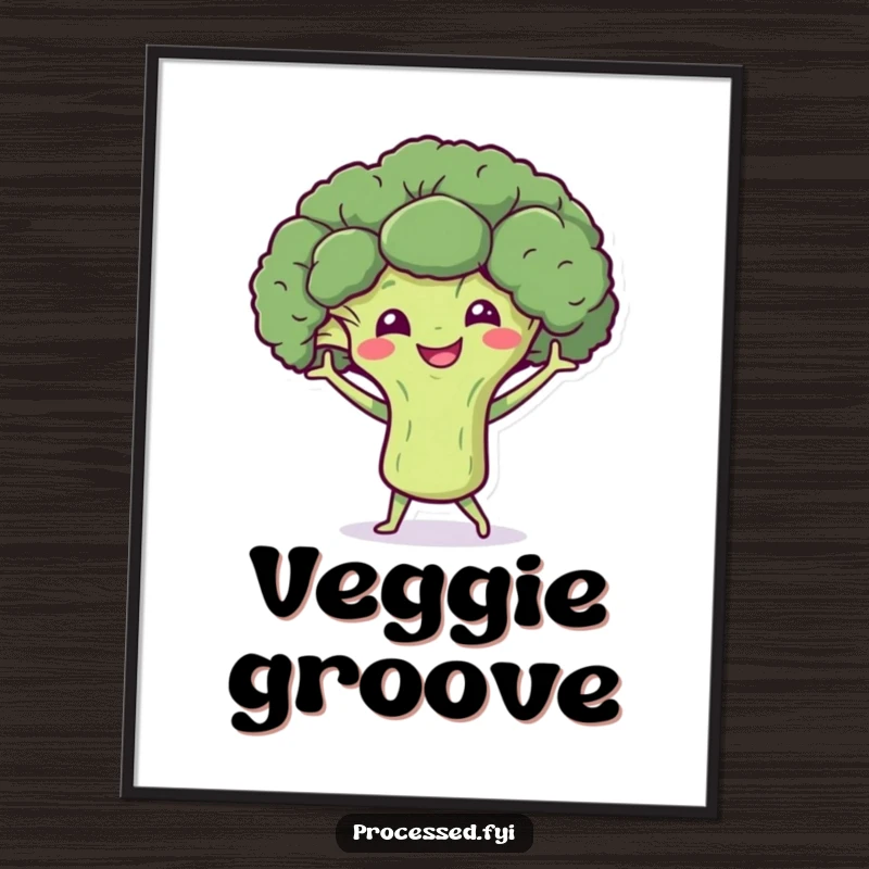 Funny digital art print of a smiling broccoli character doing a happy little dance with tiny arms, creating a lively and healthy visual.