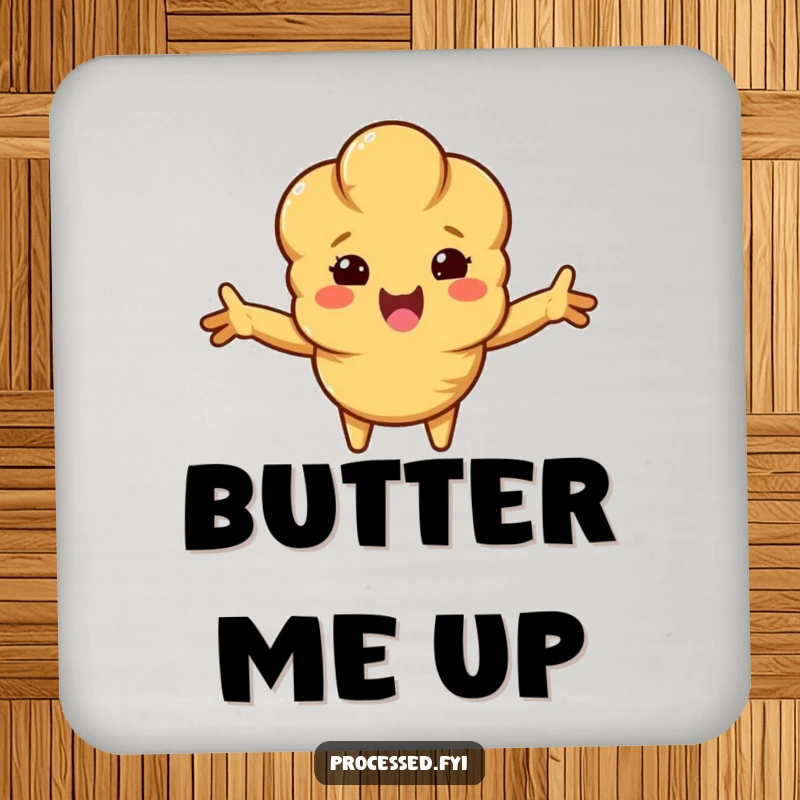 Funny croissant coaster showing a beaming, anthropomorphic croissant with arms outstretched, providing cartoon protection for your surfaces with a warm hug.