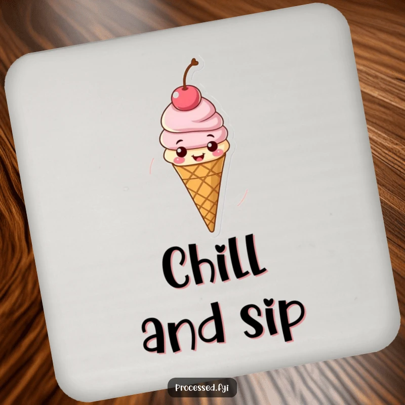 Funny coaster depicting a cheerful ice cream cone spinning with a cherry, bringing a touch of summer cheer.