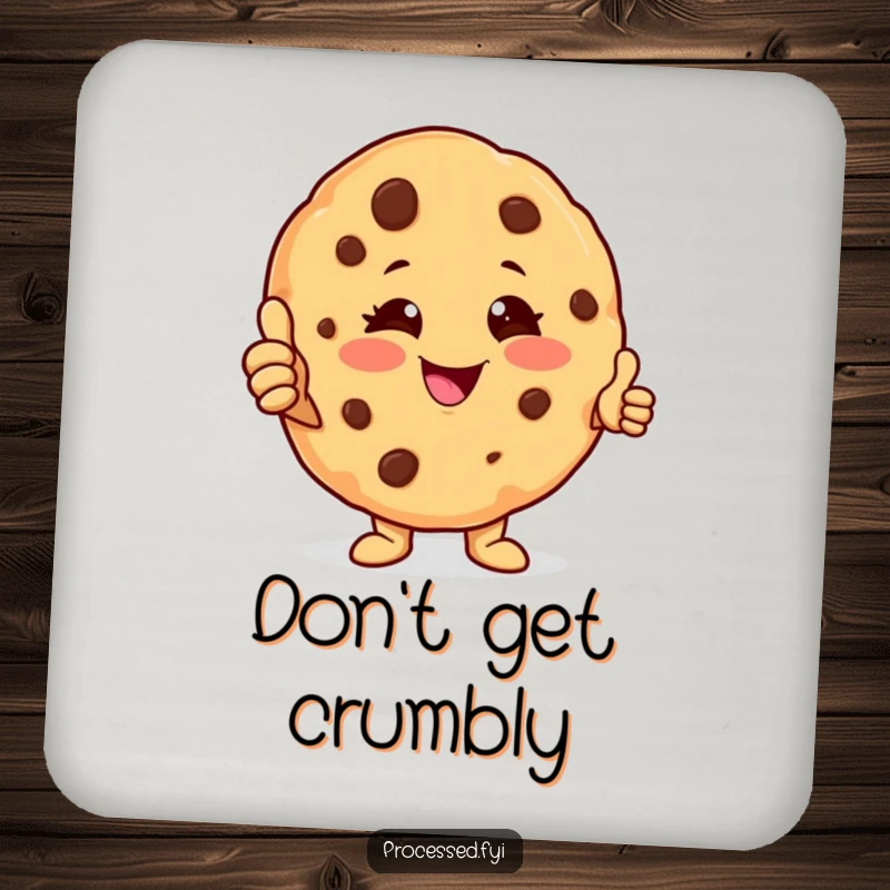 Funny cookie character drink coaster featuring a winking anthropomorphic cookie giving a thumbs-up, perfect for cheerful surface protection.
