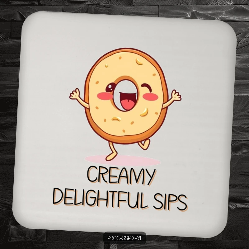 Funny drink coaster featuring an energetic bagel with cream cheese, enthusiastically tapping its feet, protects surfaces