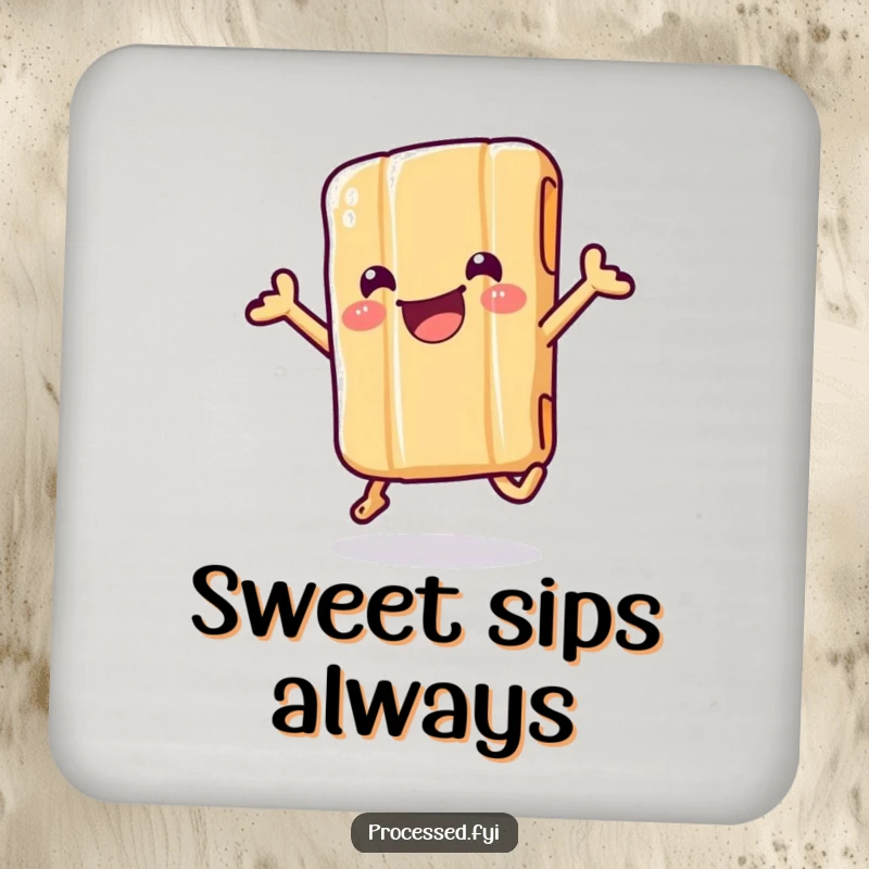 Funny drink coaster featuring a wiggling candy bar in its wrapper, joyfully jumping with pure, unadulterated, sweet delight.