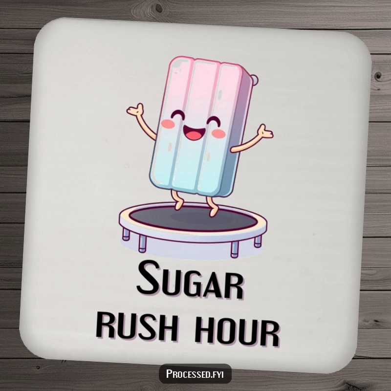 Funny drink coaster depicting a smiling anthropomorphic candy bar happily bouncing on a trampoline, bringing cheer to any table.