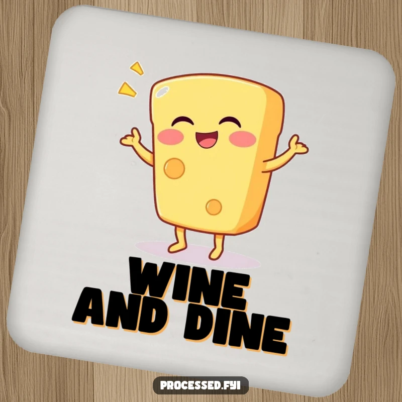 Funny drink coaster depicting a giggling anthropomorphic cheese wedge doing a silly dance, bringing cheer to any table.