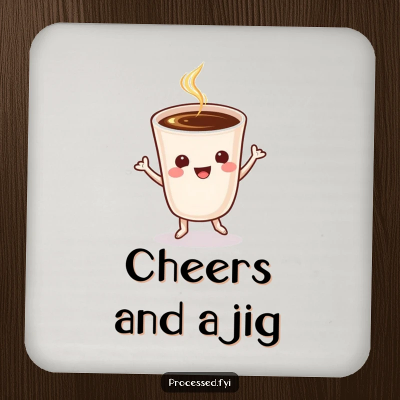 Funny cheerful coffee cup in mid-jig, serving as a humorous and protective drink coaster.
