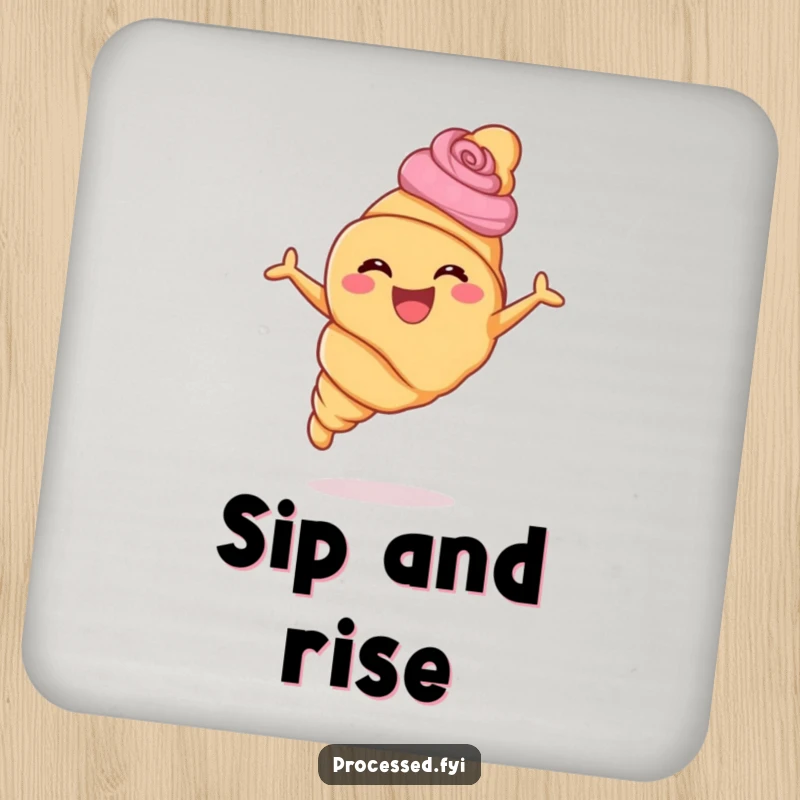 Funny croissant coaster showing a pastry with swirls leaping joyfully, a humorous way to prevent drink rings.
