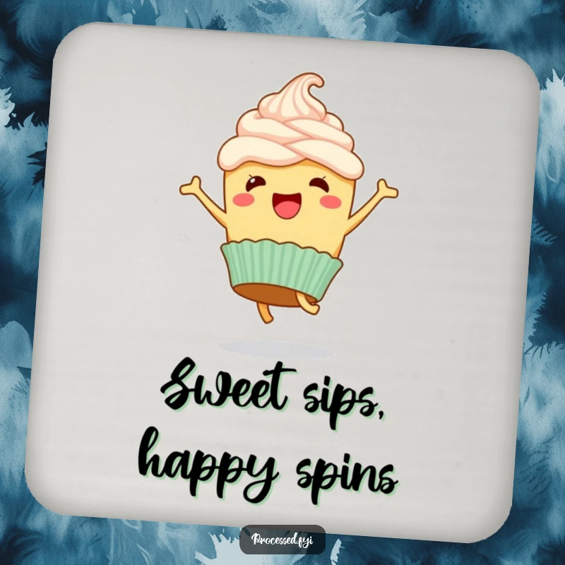 Funny drink coaster featuring a happy cupcake with frosting, performing a joyful, energetic cartwheel.