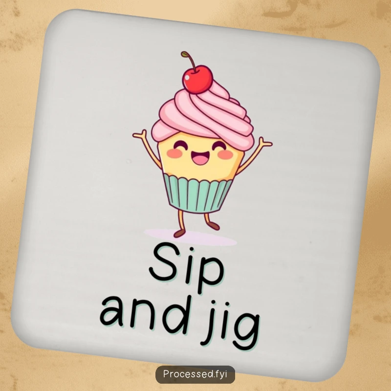 Funny Cupcake Jig Coasters: A cheerful cupcake with a cherry on top dancing, guarding against drink rings with joy.