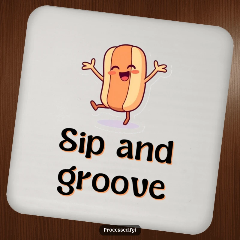 Funny drink coaster featuring a dancing hot dog character with wiggling legs and arms, adding humorous surface protection.
