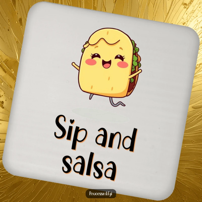 Funny drink coaster with a smiling taco with legs dancing joyfully, adding a delicious charm.