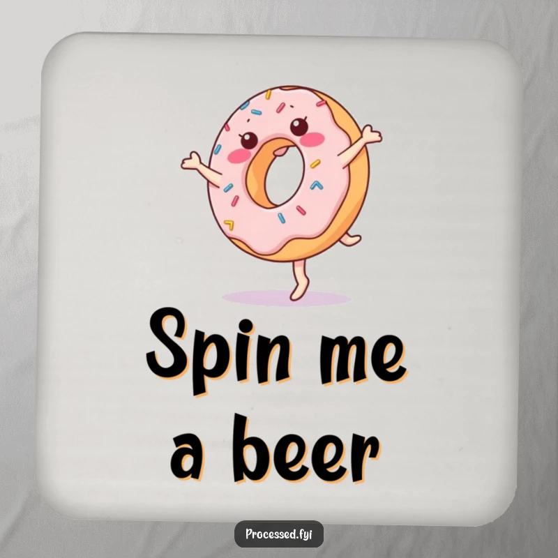 Funny donut coaster with a cheerful, anthropomorphic donut mid-cartwheel, protected by sprinkles, adding cartoon flair to your table.