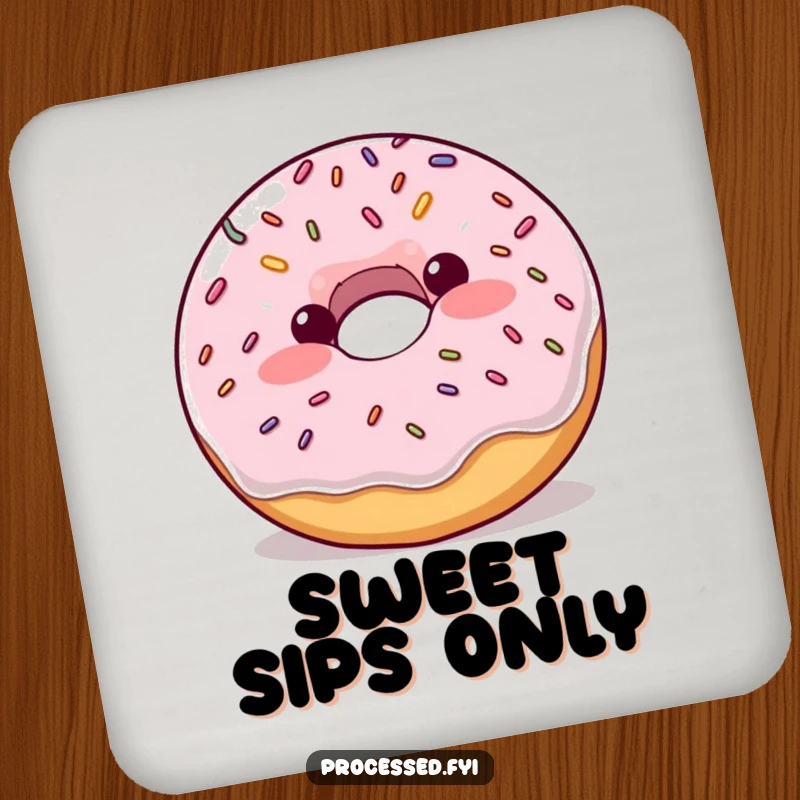 Funny plump donut with blush and sprinkles bouncing enthusiastically, a humorous and protective drink coaster.