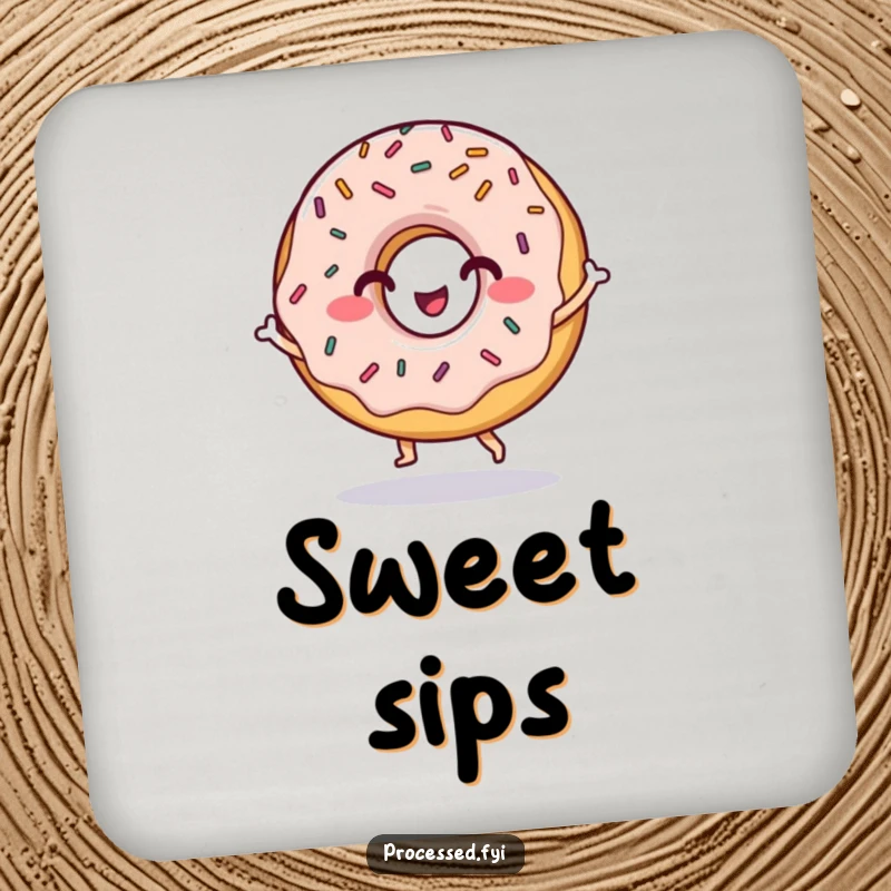 Funny drink coaster with a grinning donut character dancing, offering humorous surface protection with a sweet design.