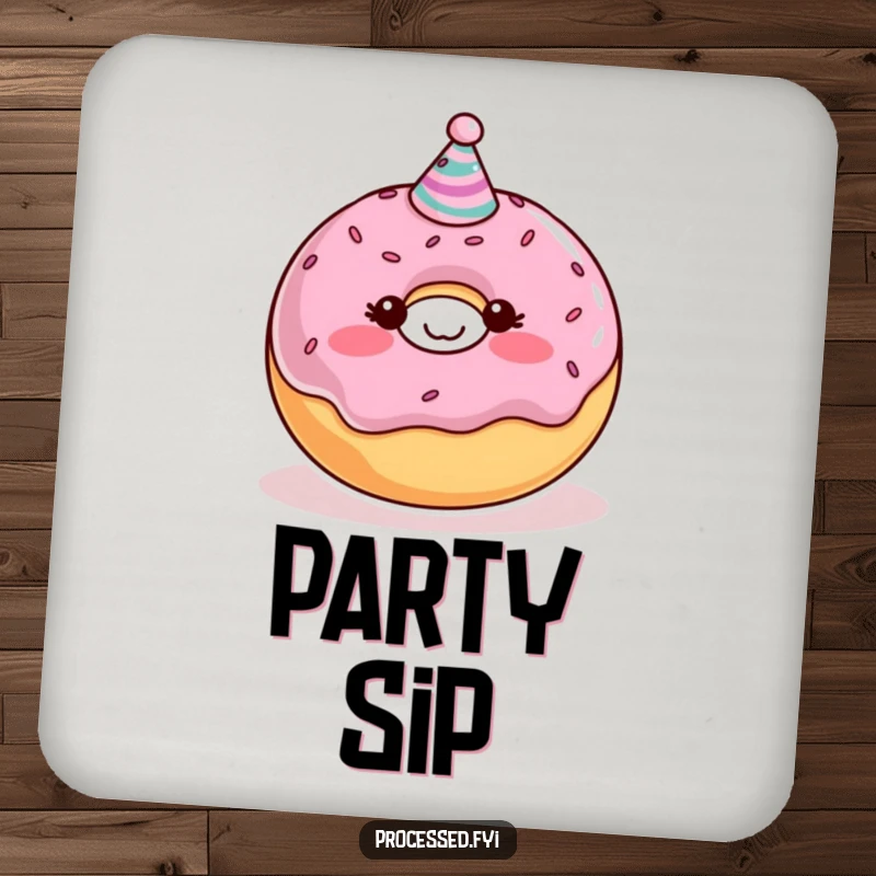 Funny Donut Drink Coasters featuring a blushing character with a party hat, offering surface protection with a sweet and humorous theme.