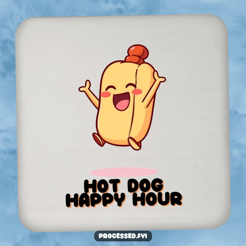 Funny Excited Hot Dog Coasters: A happy, energetic hot dog in its bun, performing an excited jump.