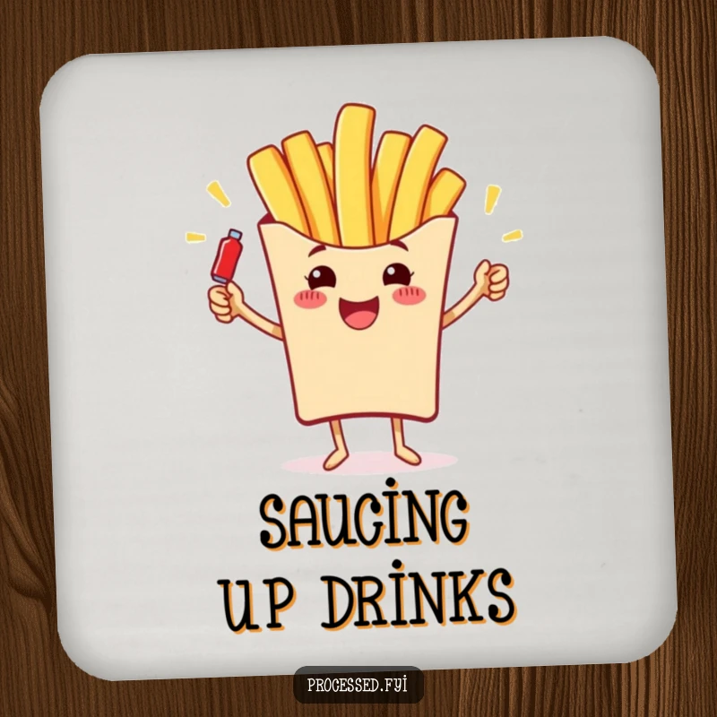 Funny drink coaster set featuring a cheerful french fry juggling ketchup bottles, adding humor to gatherings.