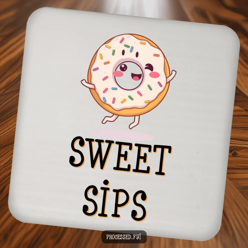 Funny donut coaster, giddy donut doing a cartwheel, protecting surfaces with sweetness and humor.