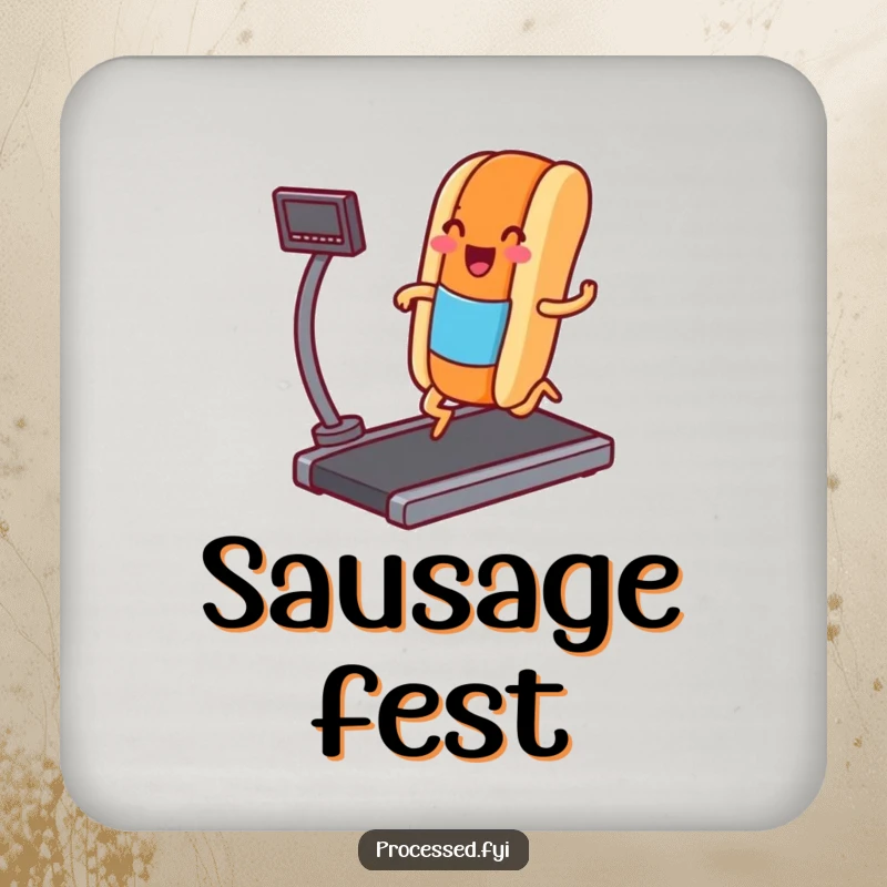 Funny drink coaster with a hot dog character jogging on a treadmill, protecting surfaces with a touch of humorous charm.