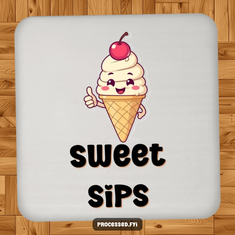 Funny drink coaster featuring a happy ice cream cone with a cherry, giving a thumbs-up, protecting surfaces with a sweet and cheerful design.