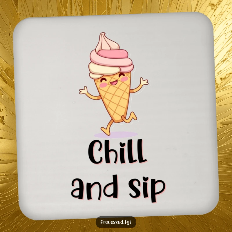 Funny ice cream cone coaster depicting a smiling anthropomorphic ice cream cone doing a playful hop, a cool and funny addition.