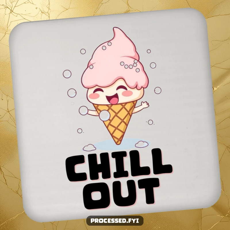 Funny giggling ice cream cone character throwing snowballs at its scoops, a charming and humorous drink coaster.