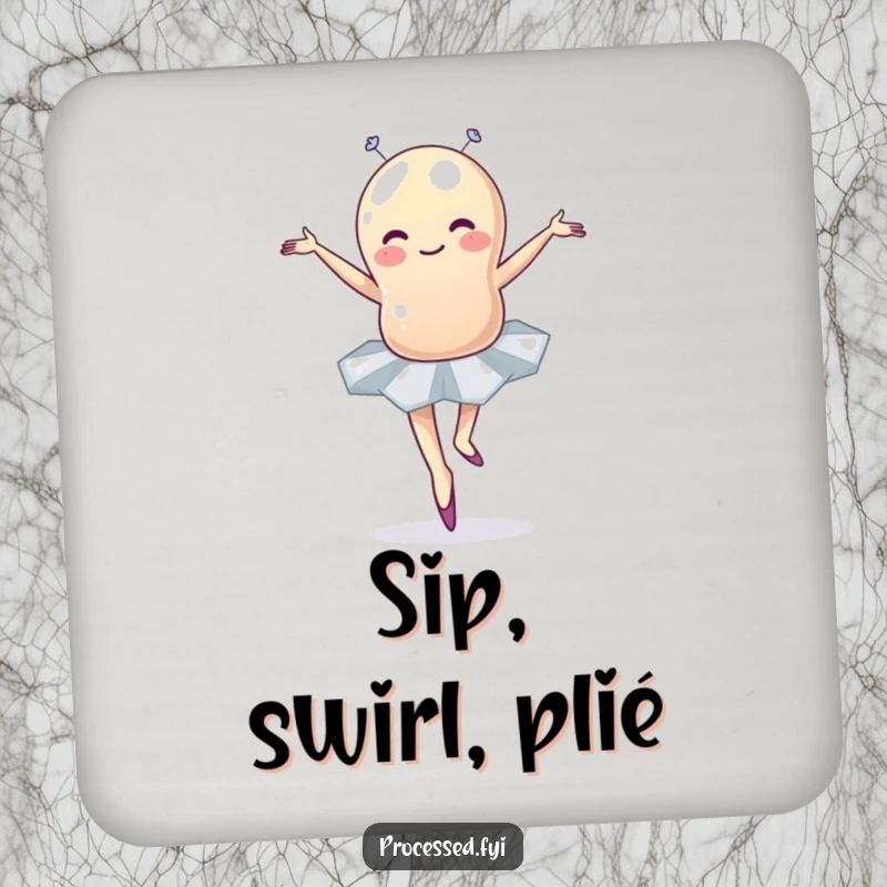 Funny jellybean ballet coaster depicting a wobbly character in a tutu, a humorous addition to any drink setting.