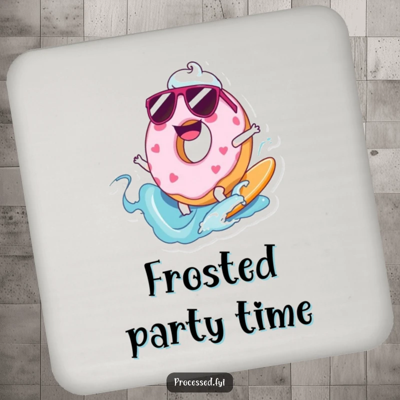 Funny drink coaster featuring a cartoon donut surfer on a frosting wave, protecting surfaces with humor.