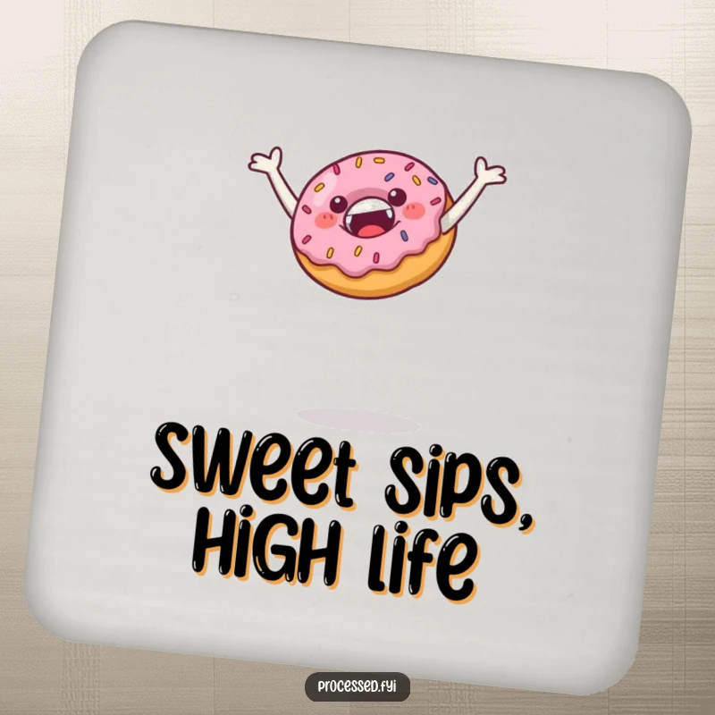 Funny drink coaster with a jubilant donut with sprinkles leaping high, protecting surfaces while adding a playful and sweet humorous touch.