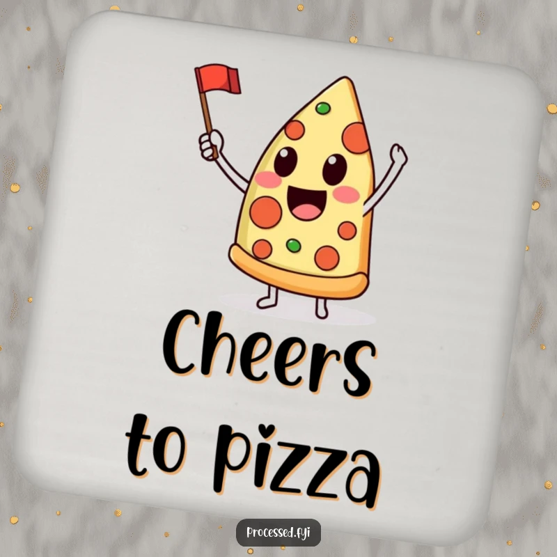 Funny drink coaster depicting a delighted anthropomorphic pizza slice joyfully waving a tiny flag, bringing cheer to any table.