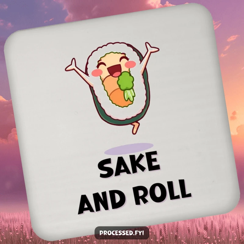 Funny drink coaster with a delighted sushi roll character doing cartwheels, offering humorous protection with a playful design.