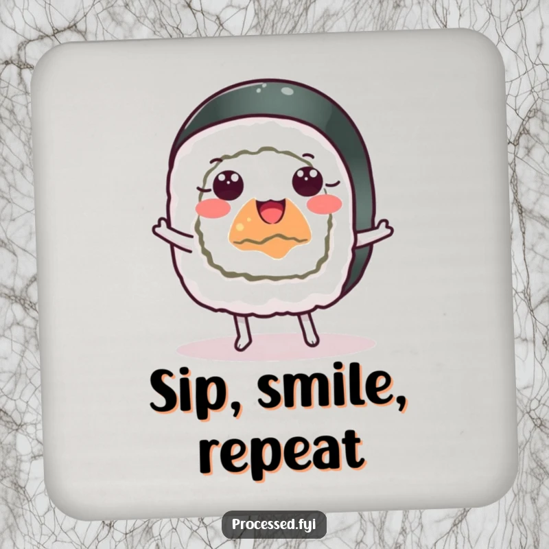 Funny cheerful sushi roll with wide eyes dancing happily, a humorous and protective drink coaster.