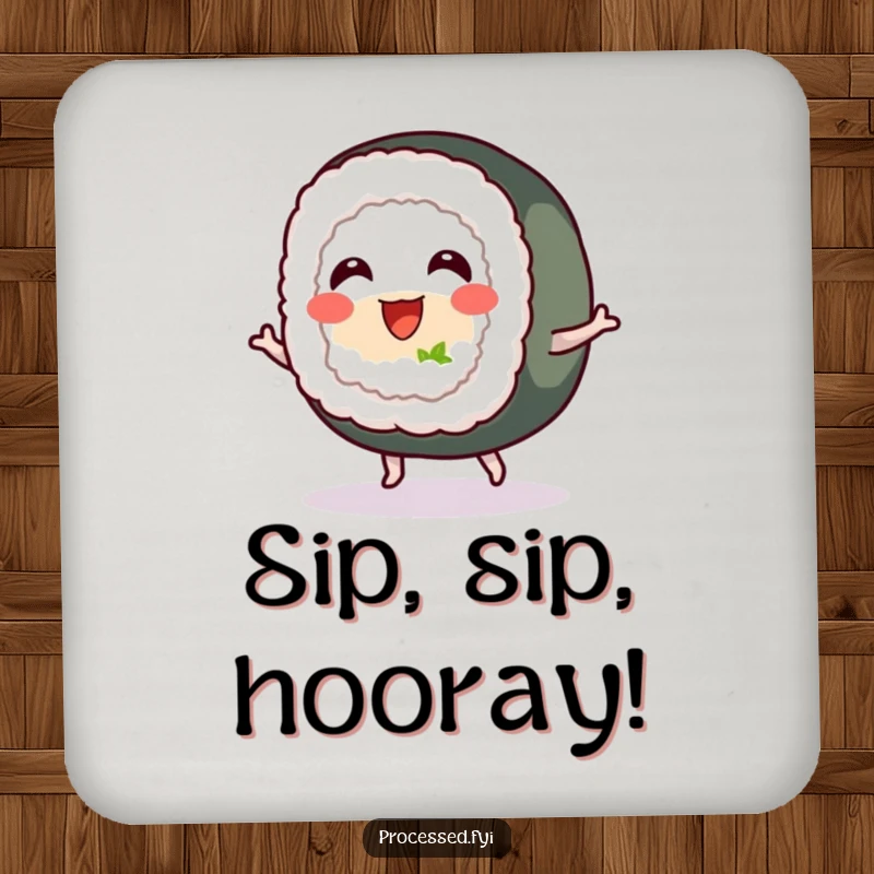 Funny drink coaster with a cheerful sushi roll with tiny feet, bouncing happily, protecting surfaces with a dose of food-themed humor.