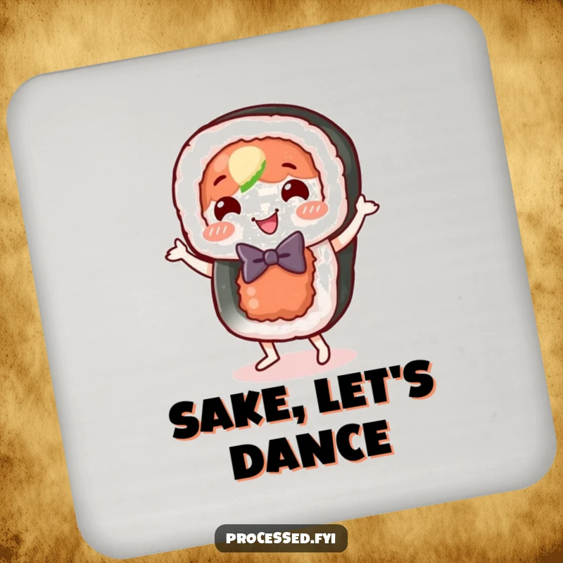 Funny sushi roll drink coasters, a happy food character in a bow tie, doing a joyful little dance.