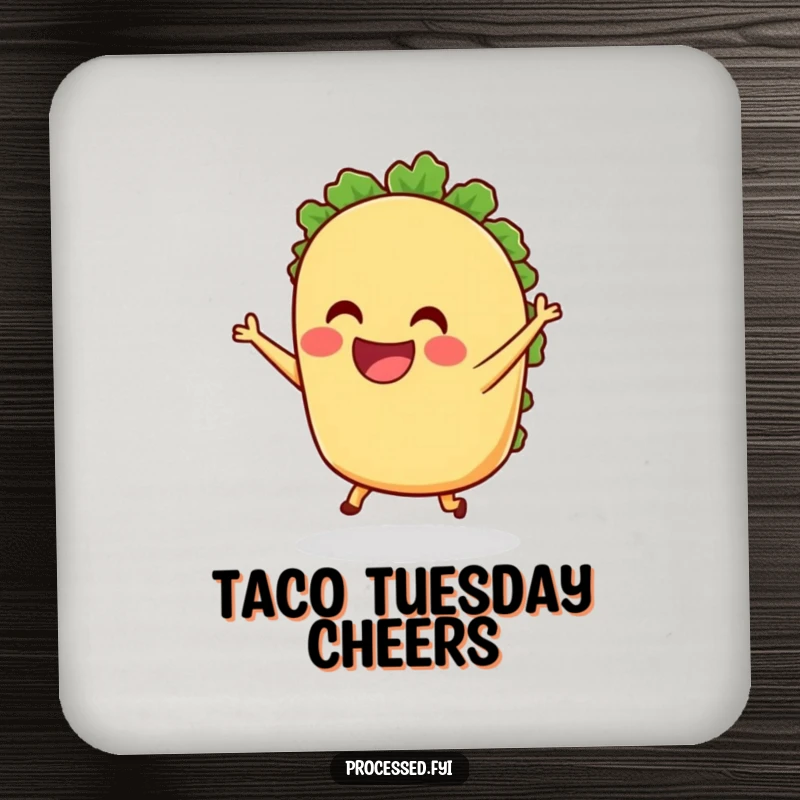 Funny anthropomorphic Taco Coaster grinning and dancing with tiny legs, protecting surfaces with a stylish and humorous design, ideal for bar or home.