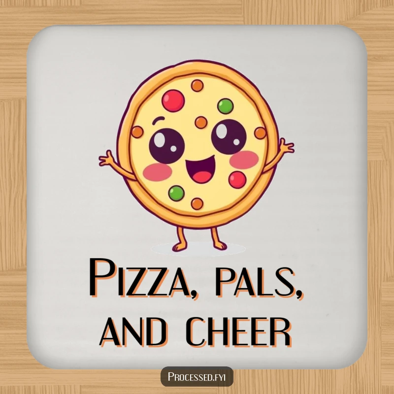 Funny Coaster featuring a happy pizza slice with topping eyes doing a jig, adding humorous pizza-themed protection to drinks.