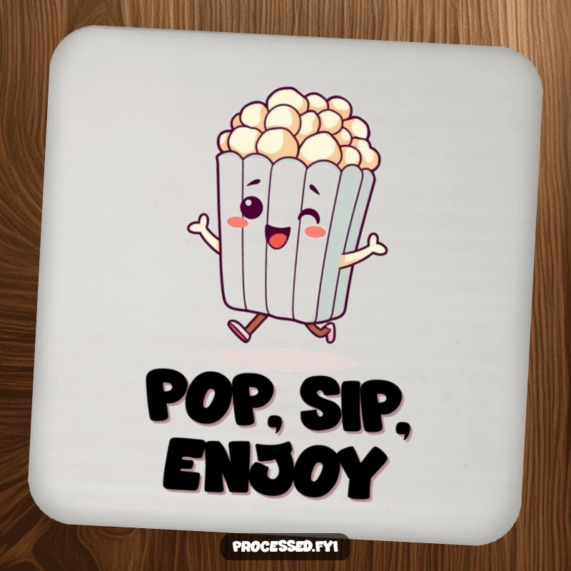 Funny drink coaster featuring a beaming anthropomorphic bag of popcorn doing a little hop, protecting tables.