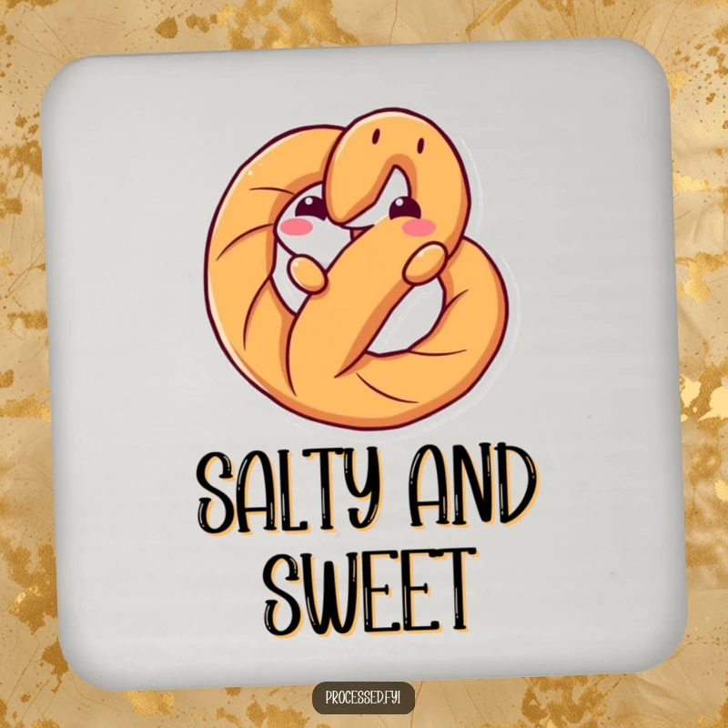 Funny drink coaster with an anthropomorphic pretzel twisting playfully, offering surface protection with a dose of snack-themed charm.