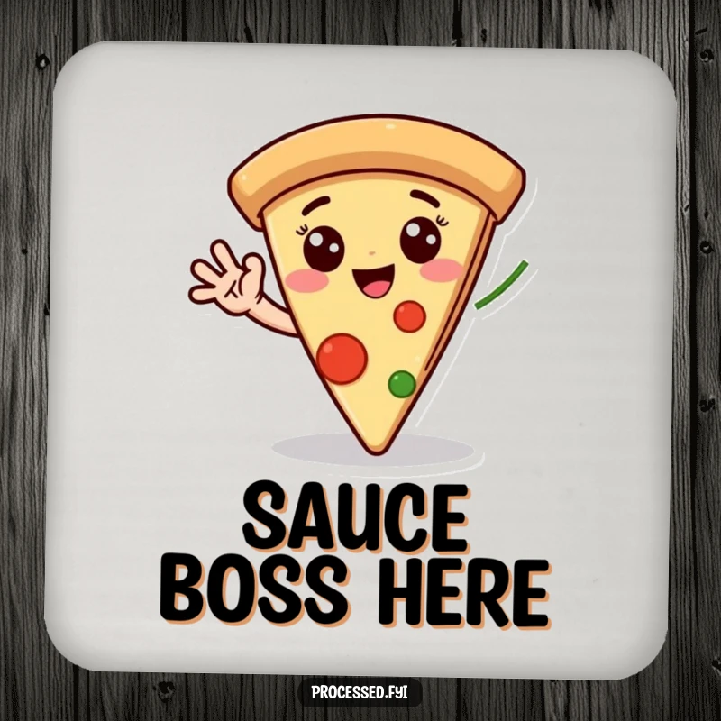 Funny drink coaster featuring an ecstatic pizza slice with expressive eyes, merrily waving a pepperoni hand, adding quirky charm to drinks.