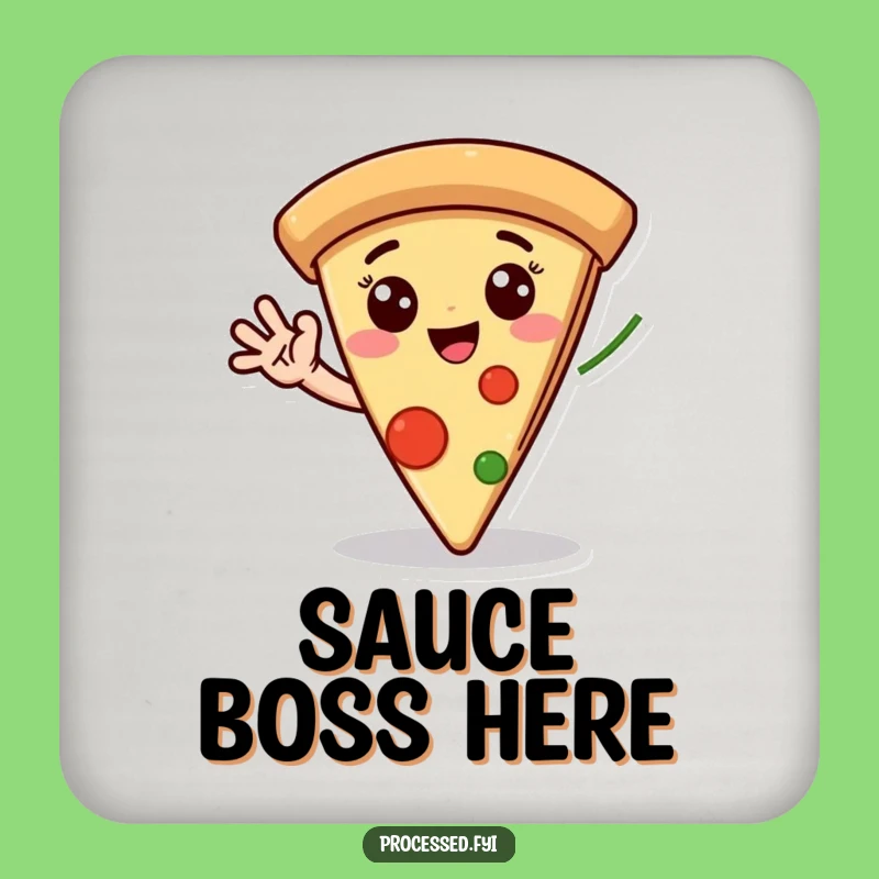 Funny Pizza Coaster: Happy Slice Waving Pepperoni Hand - Protect Surfaces Gift