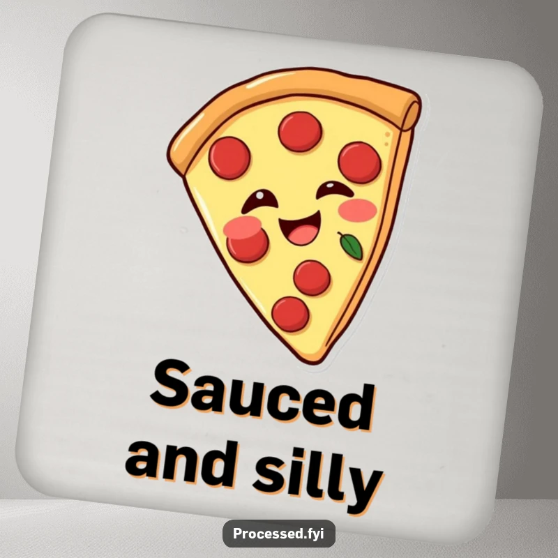 Funny drink coaster featuring a joyful pizza slice with pepperoni, winking playfully, protects surfaces