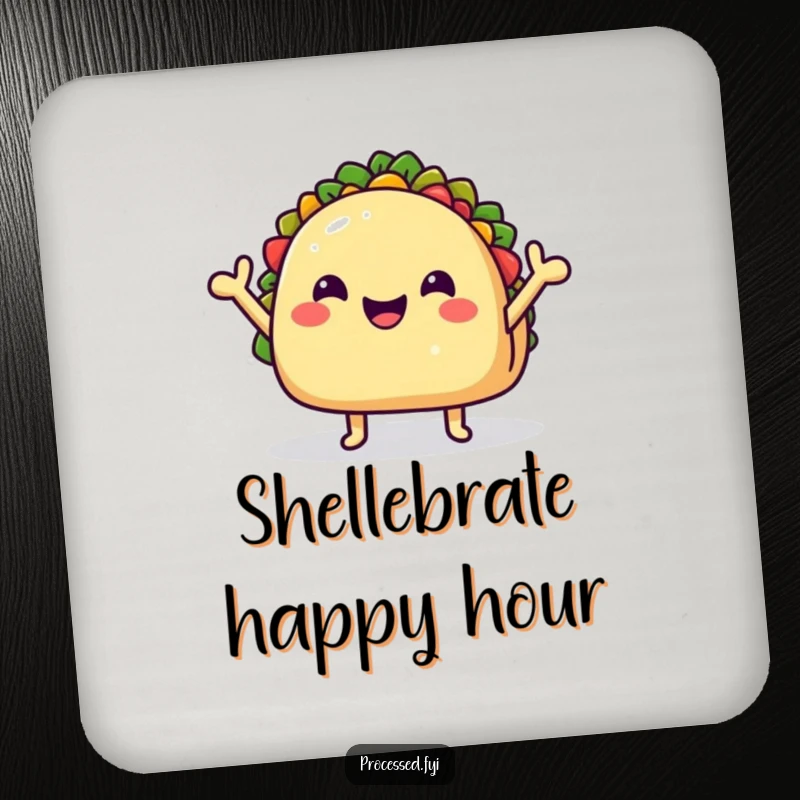 Funny Coaster featuring a happy taco shell character waving enthusiastically, adding cheerful food-themed protection to drinks.