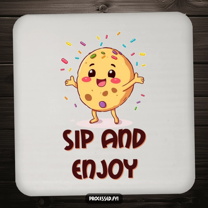 Funny drink coaster depicting a happy anthropomorphic cookie juggling colorful sprinkles, bringing cheer to any table.