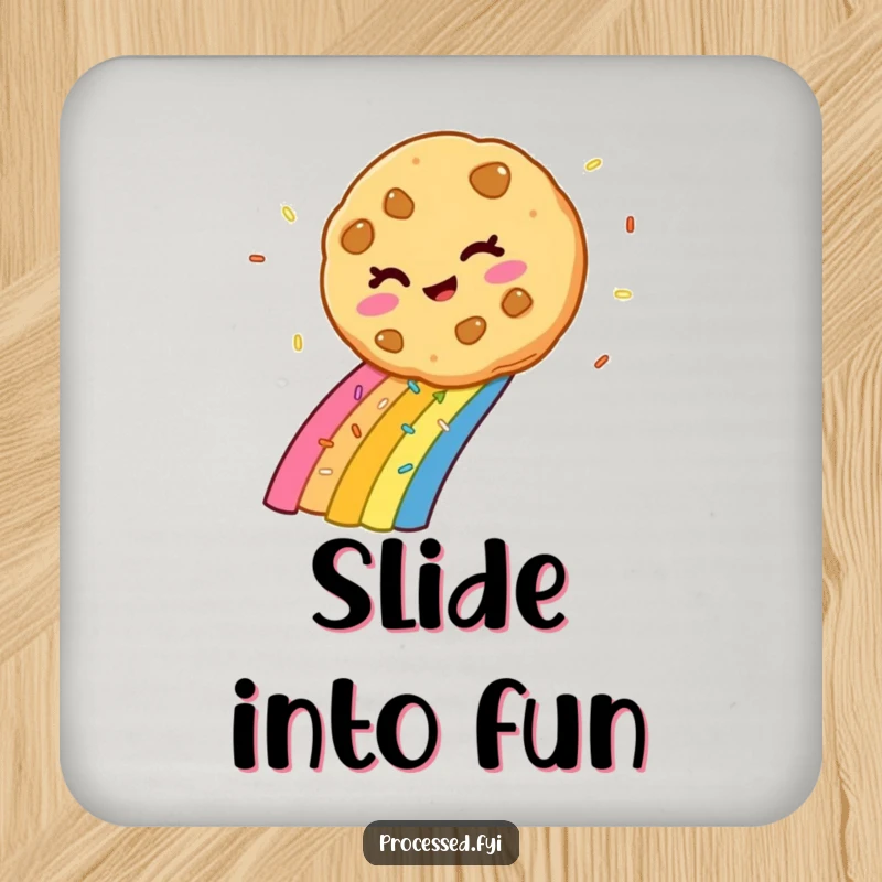 Funny winking cookie sliding down a bright rainbow made of sprinkles, acting as a charming and humorous drink coaster.