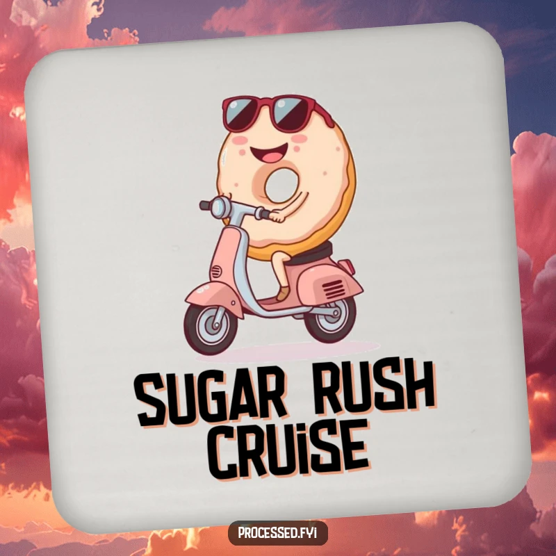 Funny Donut Riding Scooter Coaster, a smiling donut with sunglasses, a humorous and stylish addition to any table.