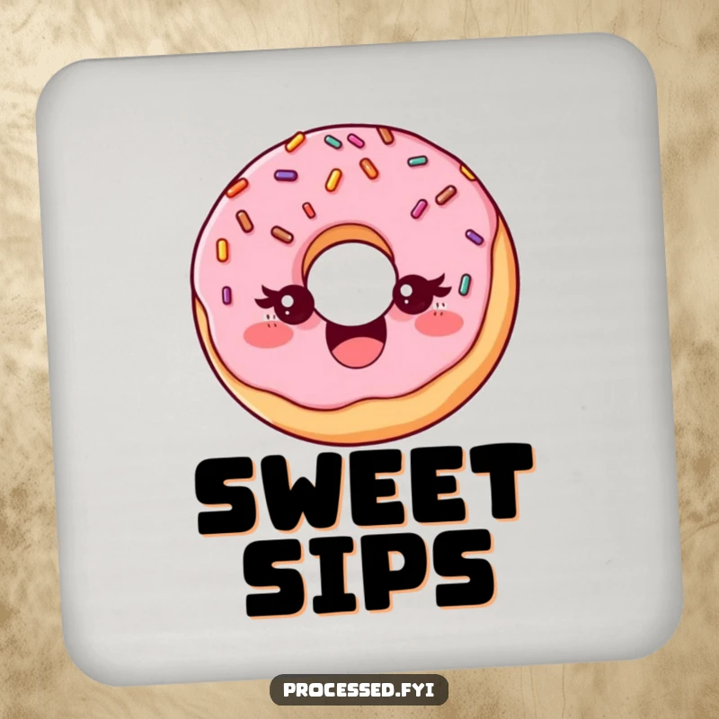 Funny drink coaster with a delighted donut with sprinkles, playfully winking, offering surface protection with a dose of sweet humor.