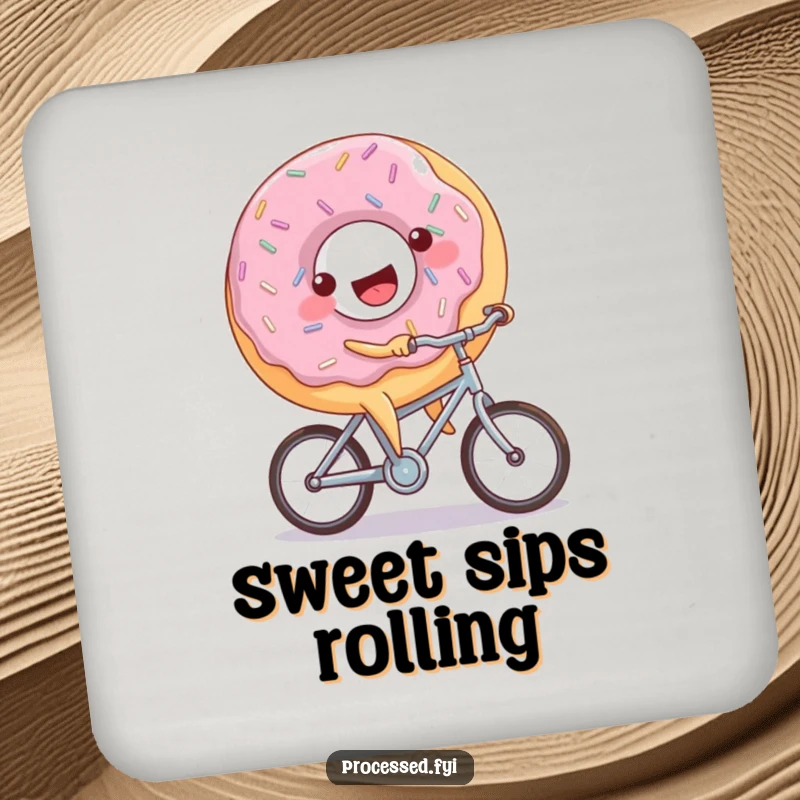 Funny donut bicycle coaster depicting a joyful, sprinkled donut character happily riding a miniature bicycle, a sweet and funny addition.