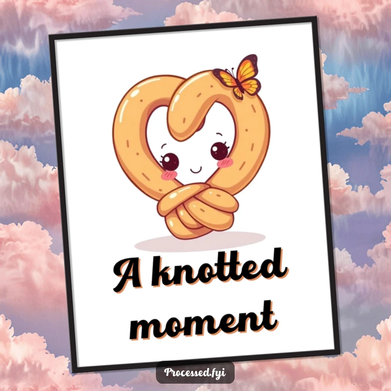 Funny poster of a curious pretzel with a happy knot, looking at a tiny butterfly, bringing whimsical and humorous vibes to any space.