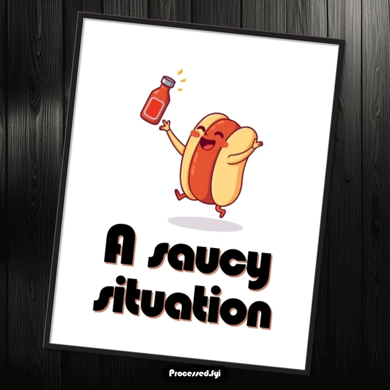 Funny hot dog poster art of a wiener in a bun dancing and tossing a ketchup bottle, perfect for vibrant decor.