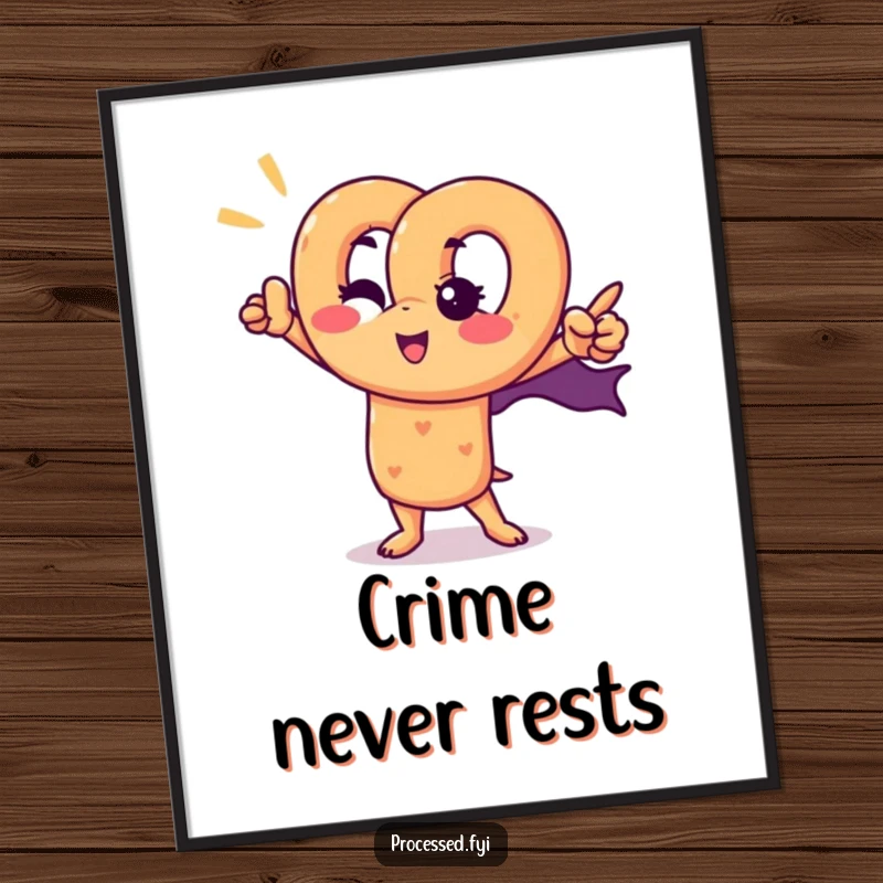 Funny pretzel superhero poster showcasing a charming, winking pretzel character in an epic superhero pose, perfect for wall decor.