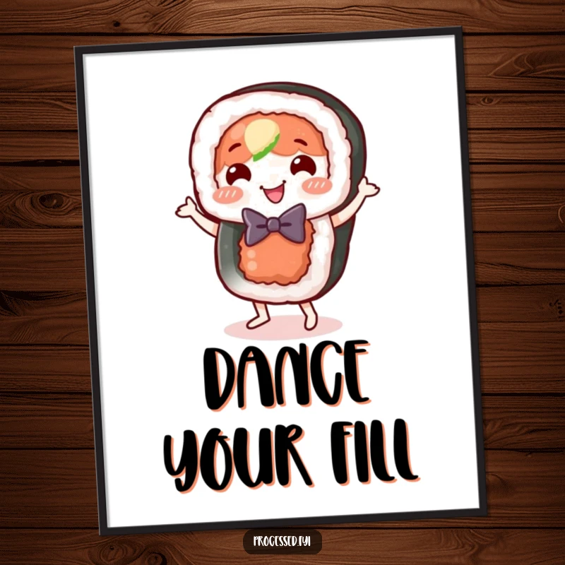 Funny sushi roll poster, a happy food character in a bow tie, doing a joyful little dance.